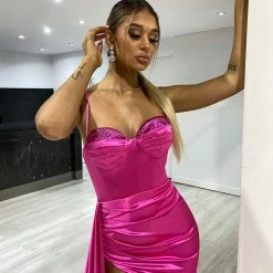Honey Couture CECILA Fuchsia Hot Pink Diamante Bustier Formal Dress NEW ARRIVALS