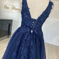 Honey Couture Made To Your Measurements NEW ARRIVALS Honey Couture TIHANA Deep V Front Beaded Tulle Skirt Formal Dress