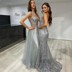 NEW ARRIVALS Honey Couture CAROLE Silver Sequin Corset Mermaid Formal Gown Dress