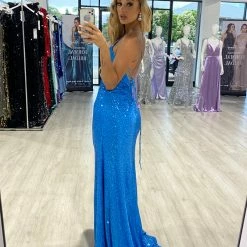 NEW ARRIVALS Honey Couture MARILYN Ocean Blue Sequin Corset Lace Up Formal Dress