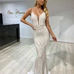 Honey Couture J'ATON White & Nude Sequin Mermaid Formal Dress