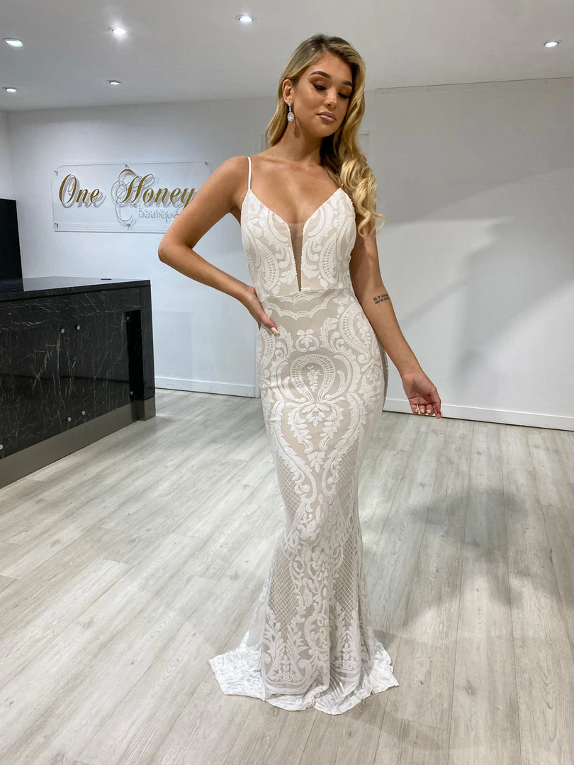 Honey Couture J'ATON White & Nude Sequin Mermaid Formal Dress 3 Honey Couture J'ATON White & Nude Sequin Mermaid Formal Dress