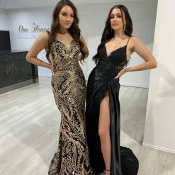 NEW ARRIVALS Honey Couture GLIMMER Black & Gold Sequin Glitter Formal Dress