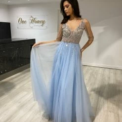 NEW ARRIVALS Honey Couture DEBBIE Blue Beaded Tulle Skirt Formal Dress