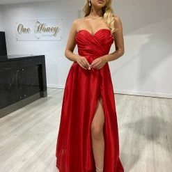 Honey Couture RUBY Red Strapless Ballgown Formal Dress