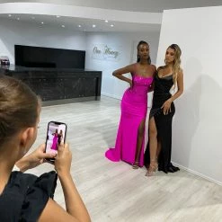 NEW ARRIVALS Honey Couture LEONIE Fuchsia Hot Pink Diamante Leg Split Mermaid Formal Dress