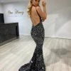 Honey Couture JULES Black Silver Low Back Sequin Mermaid Evening Gown Dress