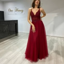 NEW ARRIVALS Honey Couture TEZ Burgundy Tulle Lace Bodice Gown Formal Dress