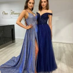 Honey Couture Made To Your Measurements NEW ARRIVALS Honey Couture TAHLIA W DANIELLA Back Glitter Fabric Lace Up Back Formal Dress