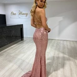 One Honey Boutique The NIKEETA Pink Sequin Corset Back Mermaid Formal Gown NEW ARRIVALS