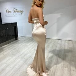 NEW ARRIVALS Honey Couture AZALIA Gold Silky Bustier Strapless Mermaid Formal Dress