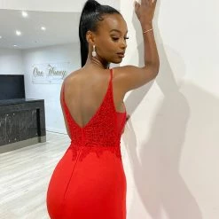 NEW ARRIVALS Honey Couture MIREN Red Lace Applique Mermaid Formal Dress