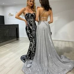 NEW ARRIVALS Honey Couture LA ROSA Silver Strapless Sequin Evening Gown Dress