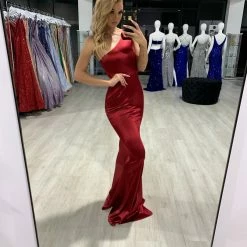 NEW ARRIVALS Honey Couture CHARLI Burgundy Bow Feature One Shoulder Mermaid Formal Dress