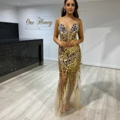 NEW ARRIVALS Honey Couture SAPPHIRE Mirror Mesh Formal Gown Dress