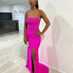 NEW ARRIVALS Honey Couture LEONIE Fuchsia Hot Pink Diamante Leg Split Mermaid Formal Dress