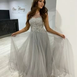 Honey Couture MADDIE Silver Tulle Lace Bodice Formal Dress
