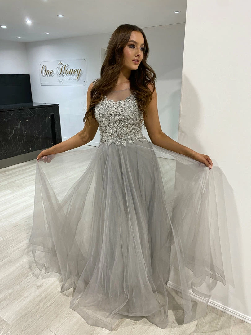 Honey Couture MADDIE Silver Tulle Lace Bodice Formal Dress 4 Honey Couture MADDIE Silver Tulle Lace Bodice Formal Dress