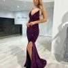 Honey Couture KAYTUM Dark Purple Sequin Mermaid Evening Gown Dress