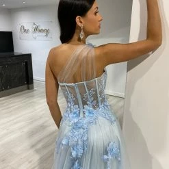 Honey Couture LUCIA Baby Blue Sheer Bustier Corset Tulle Formal Gown