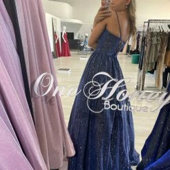Honey Couture KAYLIE Blue Shimmer Corset Lace Up Ballgown Formal Dress