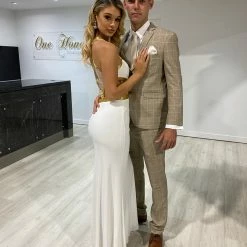 Honey Couture CLEO White & Gold Beaded Formal Gown NEW ARRIVALS