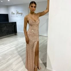 NEW ARRIVALS Honey Couture CELESTE Rose Gold Diamante Strap Sequin Lace Up Formal Dress