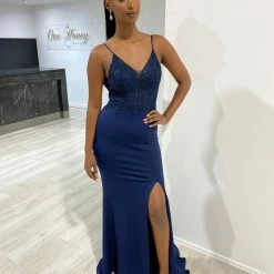 Honey Couture MIREN Navy Blue Lace Applique Mermaid Formal Dress NEW ARRIVALS