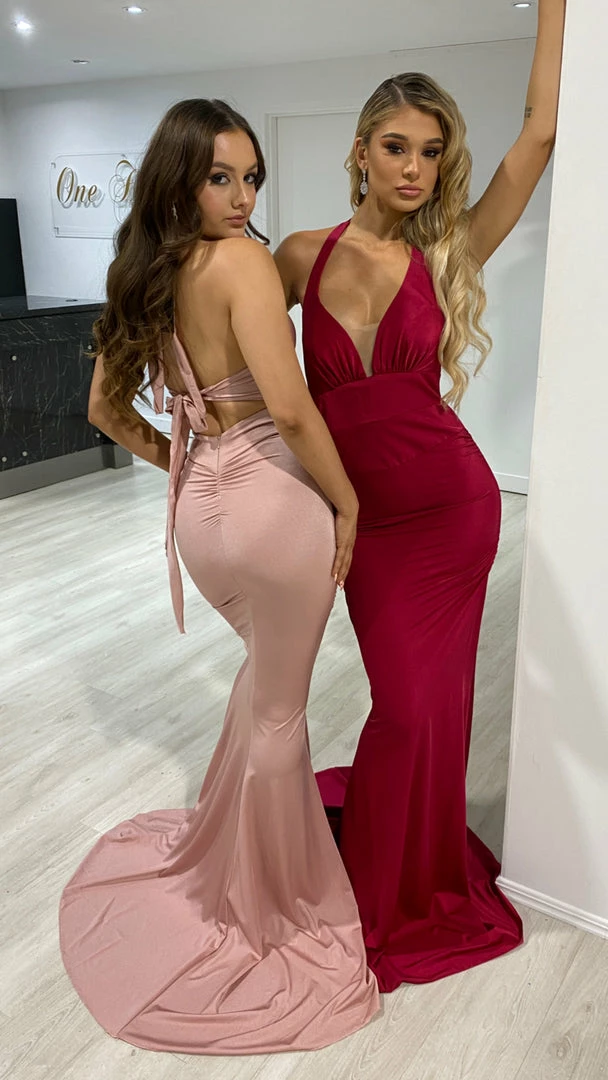 Honey Couture STACY Rose Pink Halter Tie Up Bum Ruching Mermaid Formal Dress 6 Honey Couture STACY Rose Pink Halter Tie Up Bum Ruching Mermaid Formal Dress
