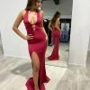 NEW ARRIVALS Honey Couture LEYA Burgundy Plunge Front Halter Formal Dress