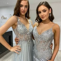 NEW ARRIVALS Honey Couture CAROLE Silver Sequin Corset Mermaid Formal Gown Dress