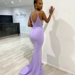 NEW ARRIVALS Honey Couture MIREN Lilac Purple Lace Applique Mermaid Formal Dress