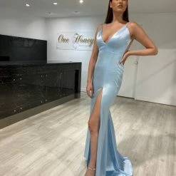 NEW ARRIVALS Honey Couture MILEE Baby Blue Low Back Mermaid Evening Gown Dress W Leg Split