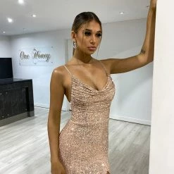 NEW ARRIVALS Honey Couture CELESTE Rose Gold Diamante Strap Sequin Lace Up Formal Dress