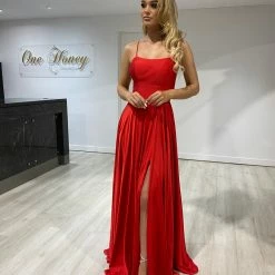 Honey Couture PERRY Red Lace Up Silky Formal Gown Dress