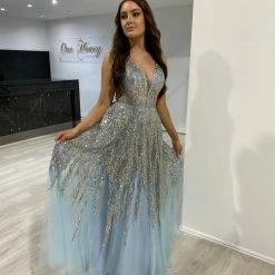 NEW ARRIVALS Honey Couture VIANNE Light Baby Blue Glitter Tulle Formal Dress