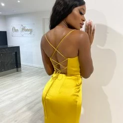Honey Couture ZENDAYA Marigold Yellow Satin Corset Bustier Leg Split Formal Dress