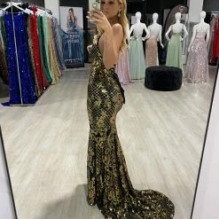 Honey Couture VIXEN Black & Gold Low Back Mermaid Sequin Formal Dress NEW ARRIVALS