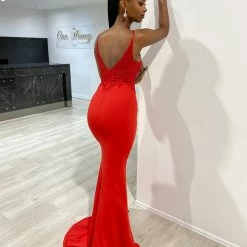 NEW ARRIVALS Honey Couture MIREN Red Lace Applique Mermaid Formal Dress