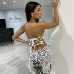 Honey Couture CIENNA White Silver & Black Lace Up Mermaid Formal Dress