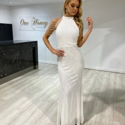 Honey Couture ZANDILIE White Beaded Shoulder Sequin Formal Gala Dress