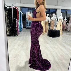 Honey Couture KAYTUM Dark Purple Sequin Mermaid Evening Gown Dress