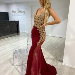 Honey Couture DIANNA Burgundy & Gold Lace Mesh Insert Mermaid Formal Dress NEW ARRIVALS 14 Honey Couture DIANNA Burgundy & Gold Lace Mesh Insert Mermaid Formal Dress NEW ARRIVALS