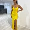 Honey Couture SOLANGE Neon Yellow Corset Ruched Formal Gown Dress