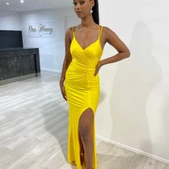 Honey Couture SOLANGE Neon Yellow Corset Ruched Formal Gown Dress