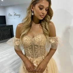 Honey Couture BLOOM Champagne Bustier Lace Applique Tulle Formal Dress