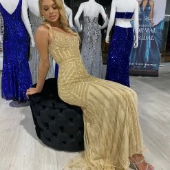 NEW ARRIVALS Honey Couture DIAMONDS Gold Sequin Mermaid Formal Gown Dress