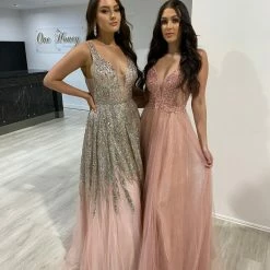 Honey Couture VIANNE Blush Pink Glitter Tulle Formal Dress