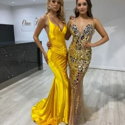 NEW ARRIVALS Honey Couture COCO Yellow Low Back Bum Ruching Mermaid Formal Dress