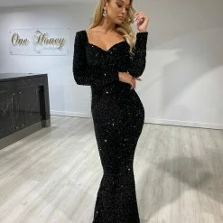 Honey Couture ALISON Black Sequin Long Sleeve Formal Dress